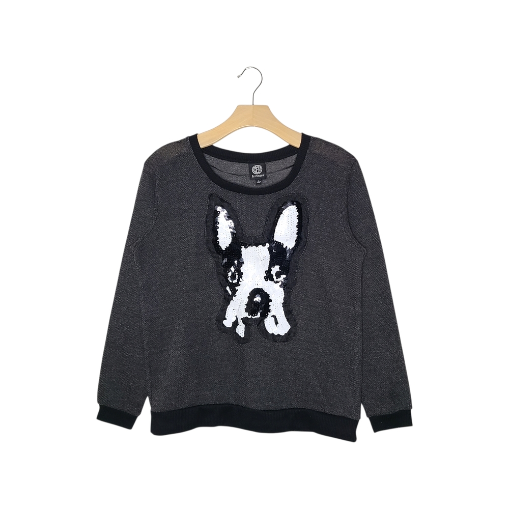 Bobeau Dark Gray Crewneck Sweater with Sequined Boston Terrier Dog Design